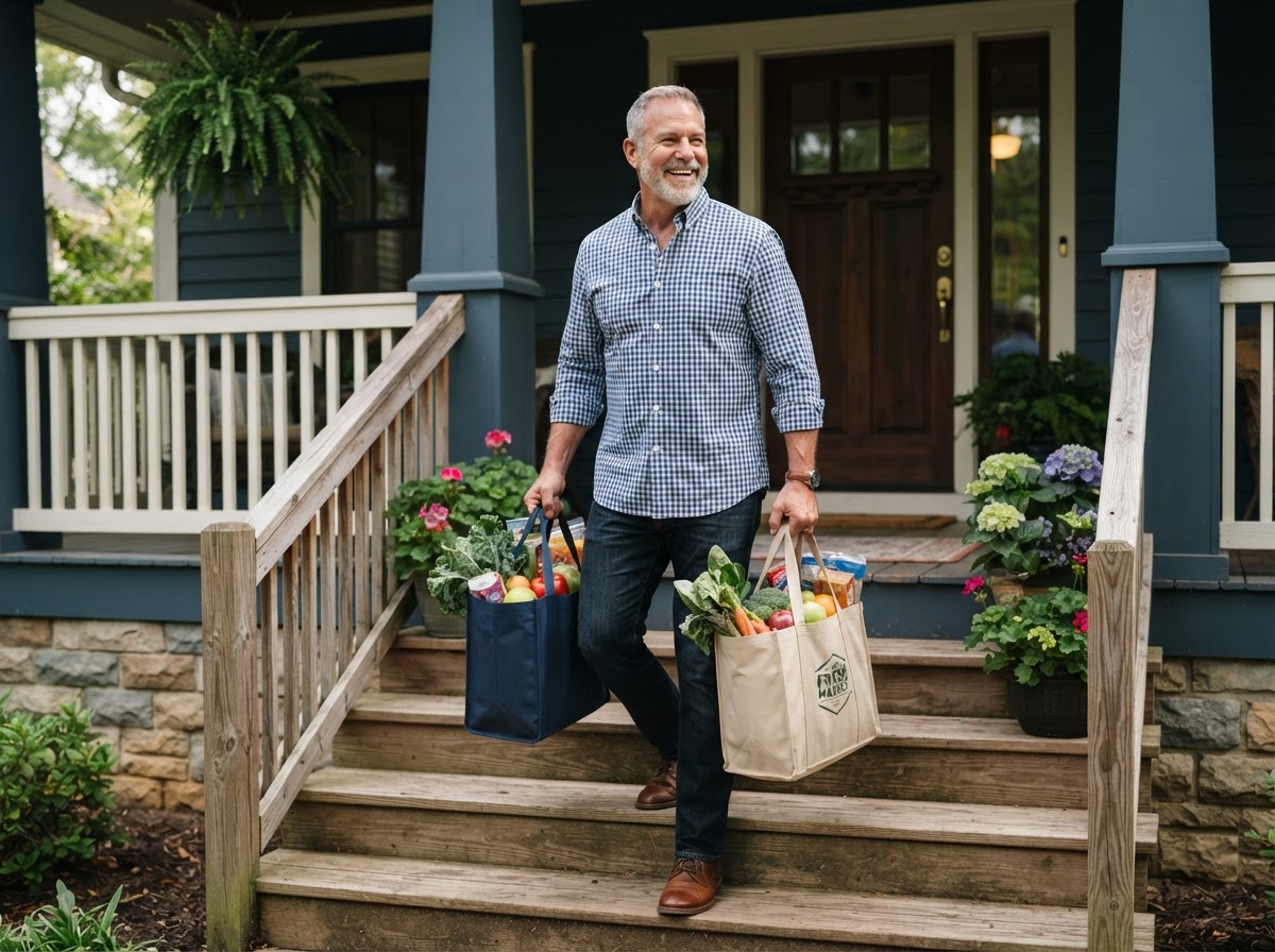Man comfortably carrying bags of groceries up steps with strength and confidence