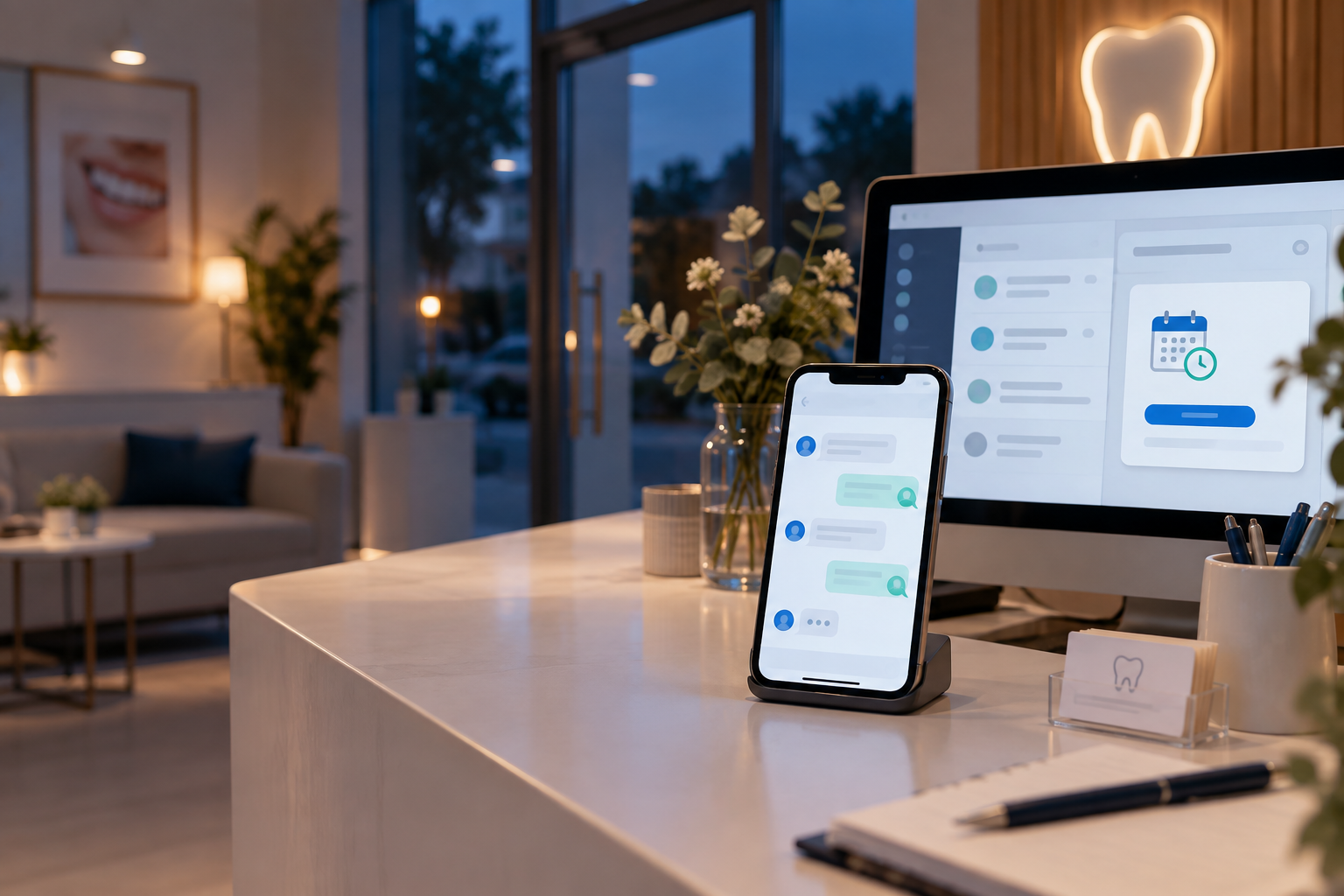 Puesto de recepción dental con canales digitales organizando consultas fuera de horario