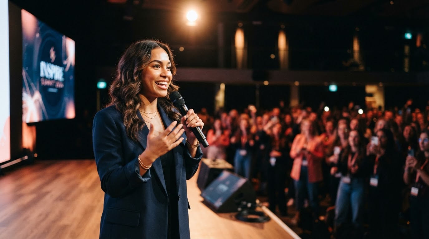 A confident speaker on stage addressing an engaged audience