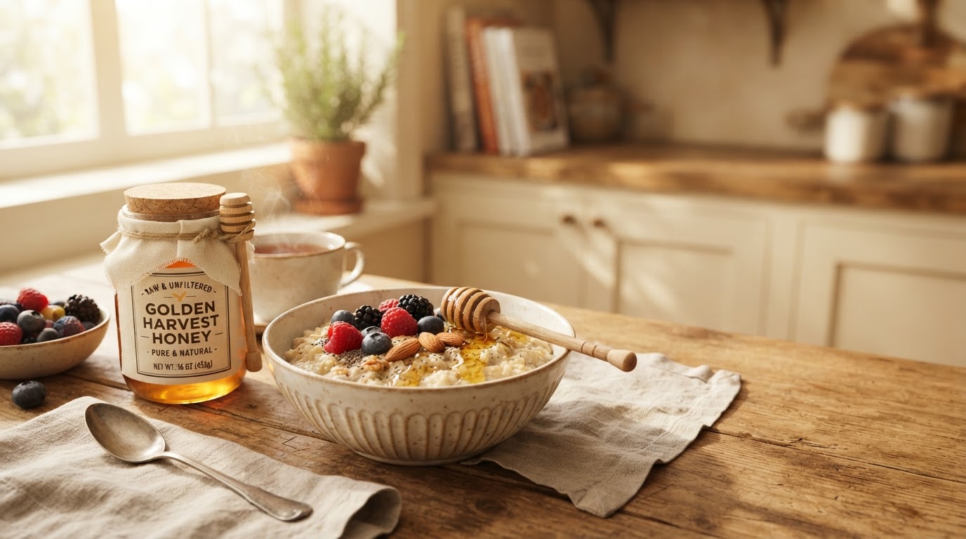 A warm, sunlit kitchen scene with natural sweetener, fresh berries and oats