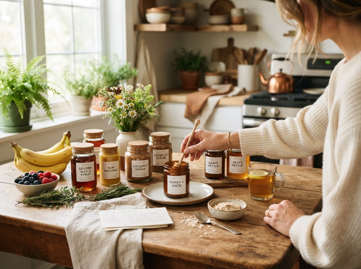 A warm, sunlit kitchen table scene with natural sweetener jars and fresh ingredients