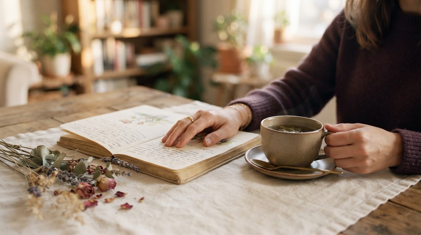 Hands resting on an open journal beside a cup of tea