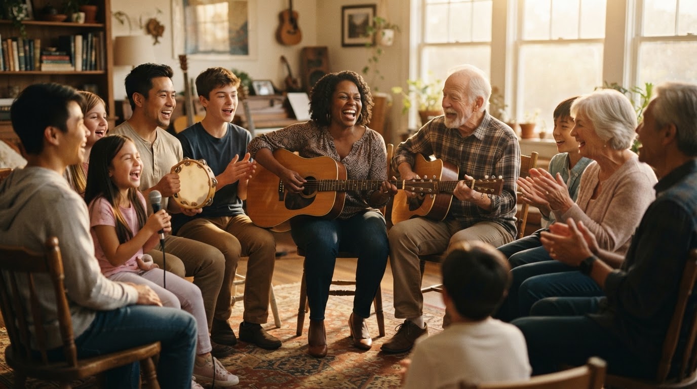A diverse group of people of different ages singing and playing acoustic guitars together in a sunlit community space