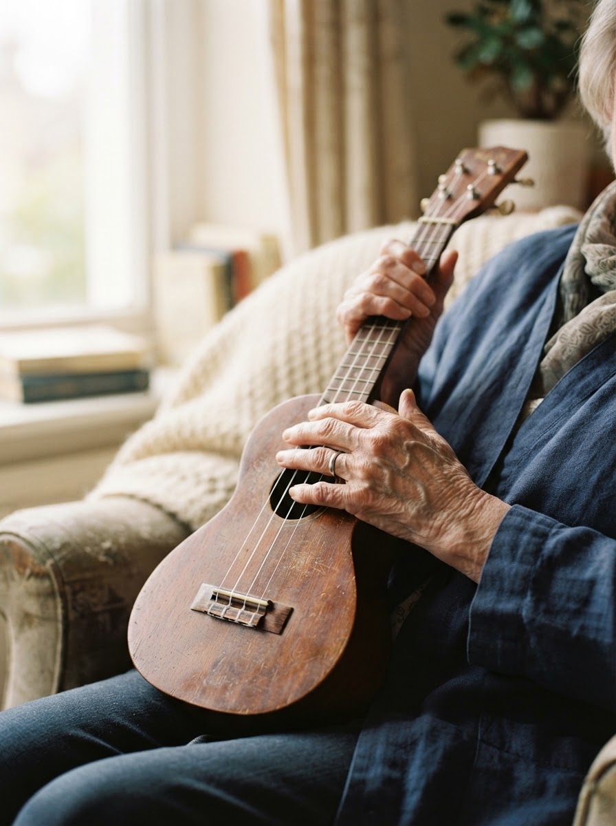 An older woman's hands gently holding a ukulele in soft window light