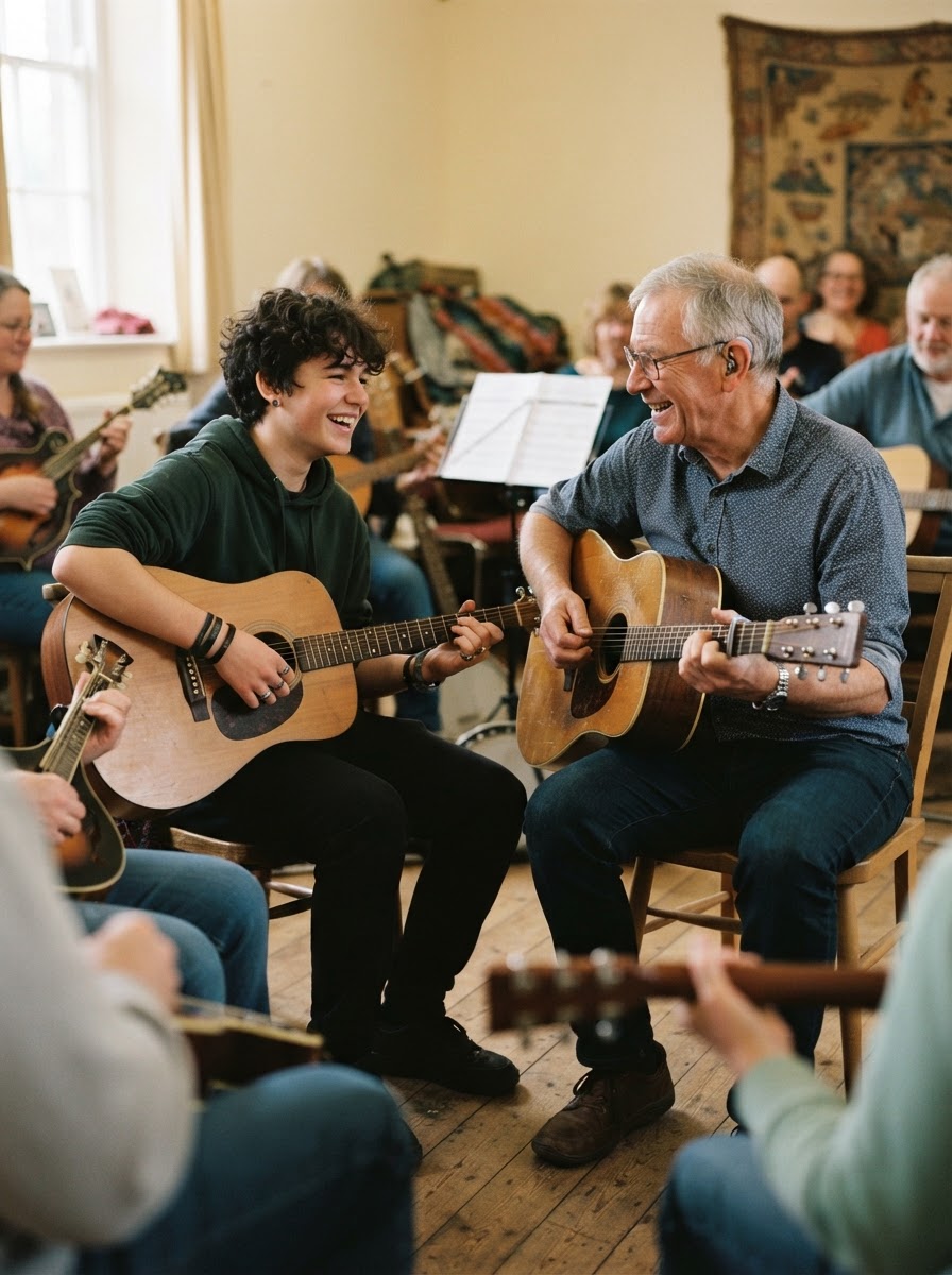 An intergenerational music circle with a teenager and an older man playing guitars together