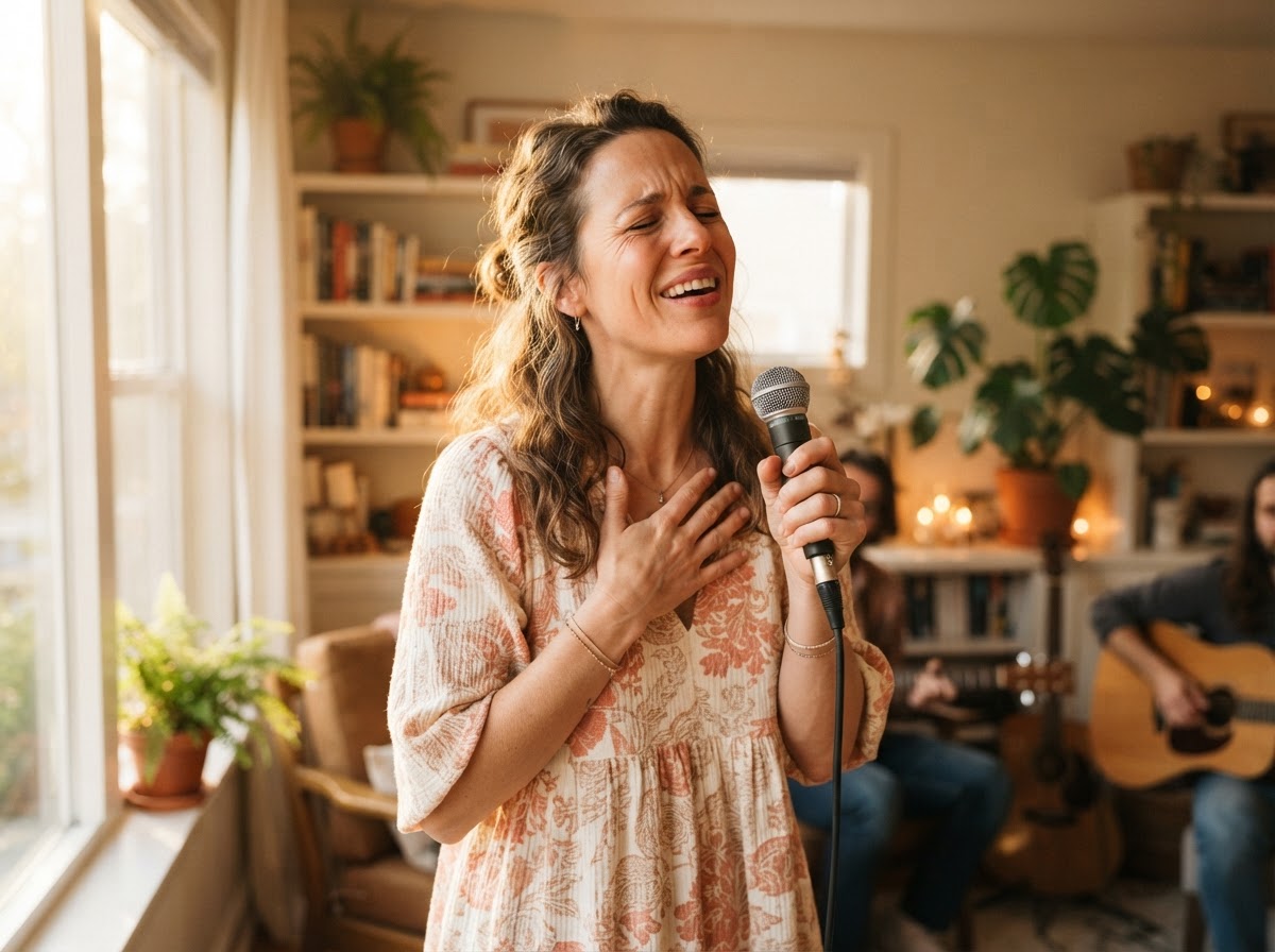 A woman singing with eyes closed, hand on heart, in soft golden light