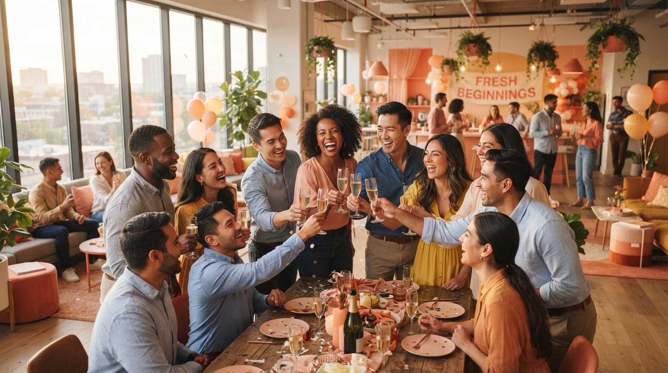 A diverse group of adults celebrating a fresh start together
