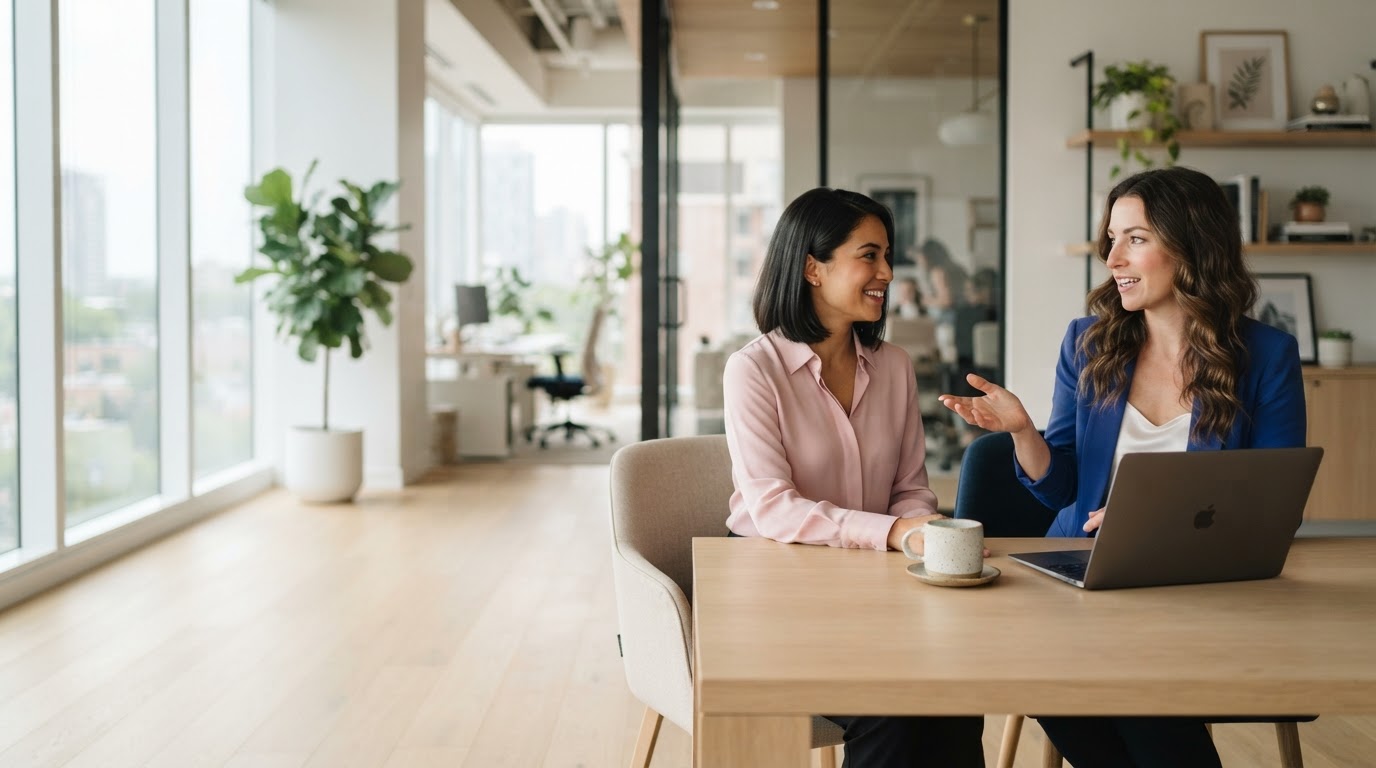 Two professional women business owners reviewing strategy in a bright office