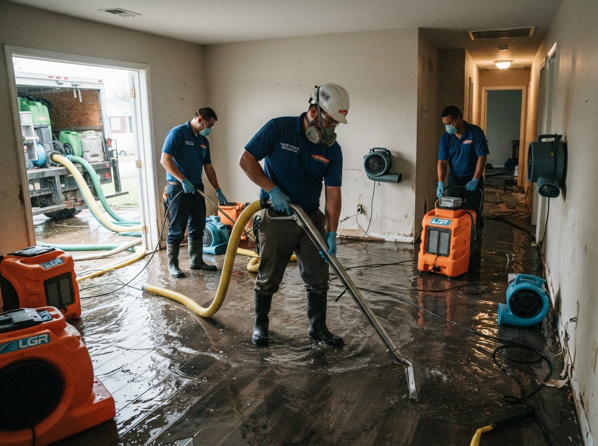 Water damage restoration crew extracting flood water from a home