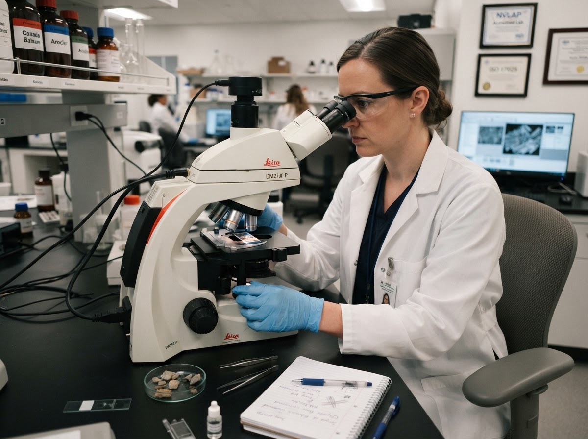 Laboratory technician analyzing asbestos material samples under a microscope
