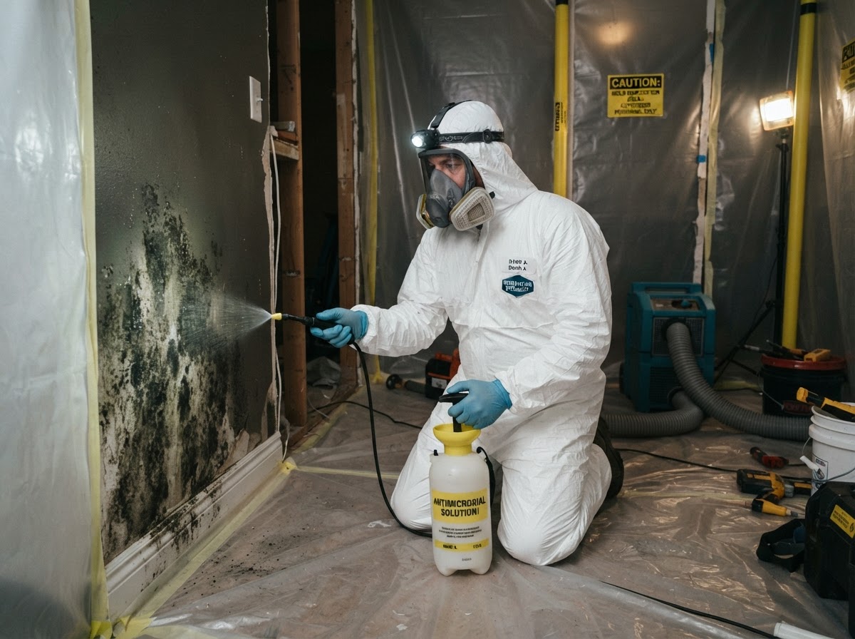 Mold remediation specialist treating mold growth on an interior wall