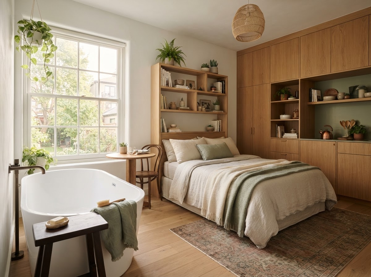 A small studio with a deep soaking tub beside a sunlit window, a cozy made bed, and built-in storage along the wall — no people, just a restful, well-used space
