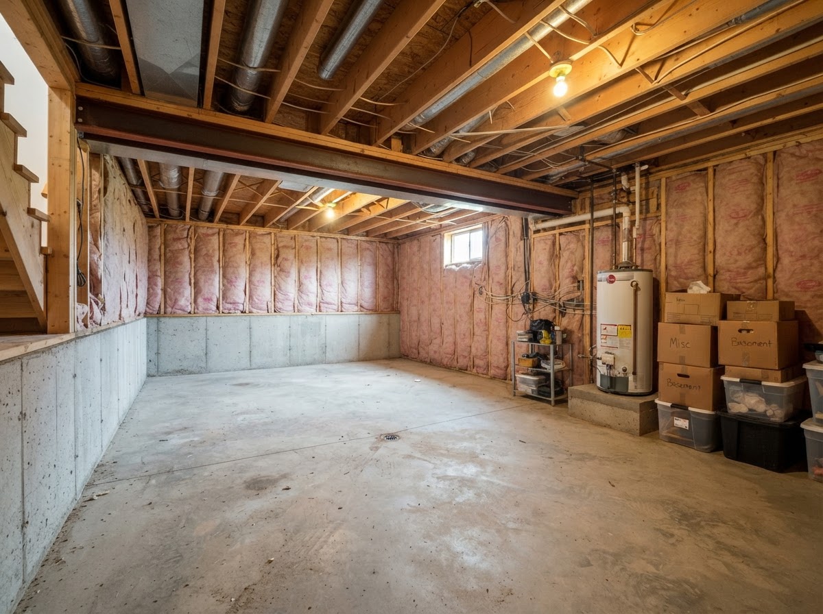 A raw unfinished basement with concrete floors and exposed studs