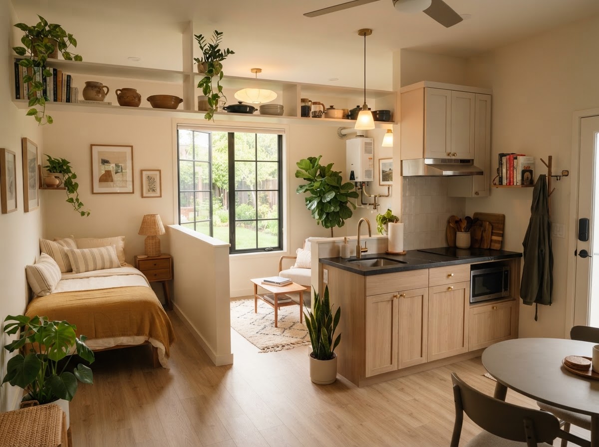 The same basement reimagined as a warm, efficient studio unit