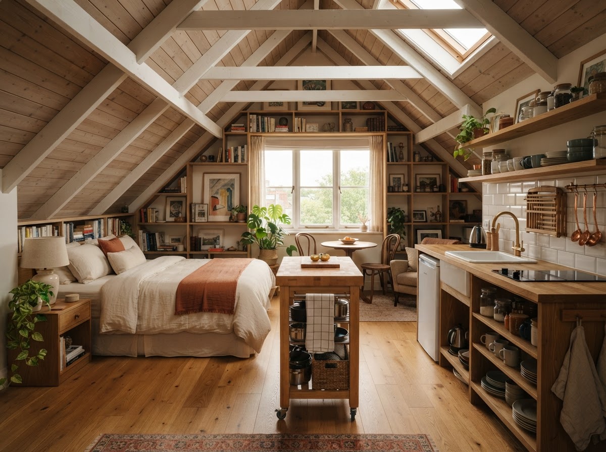 A warm, wide attic apartment under sloped ceilings — a bed tucked into the eaves, a kitchenette with a small movable island between them, and built-in storage in every odd corner