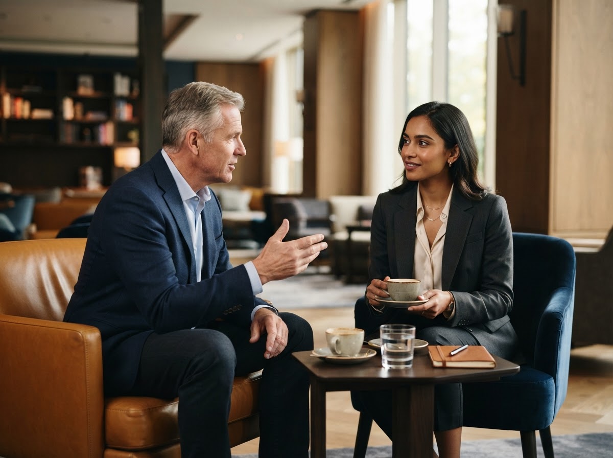 Senior executive mentor advising a younger business leader in a lounge setting