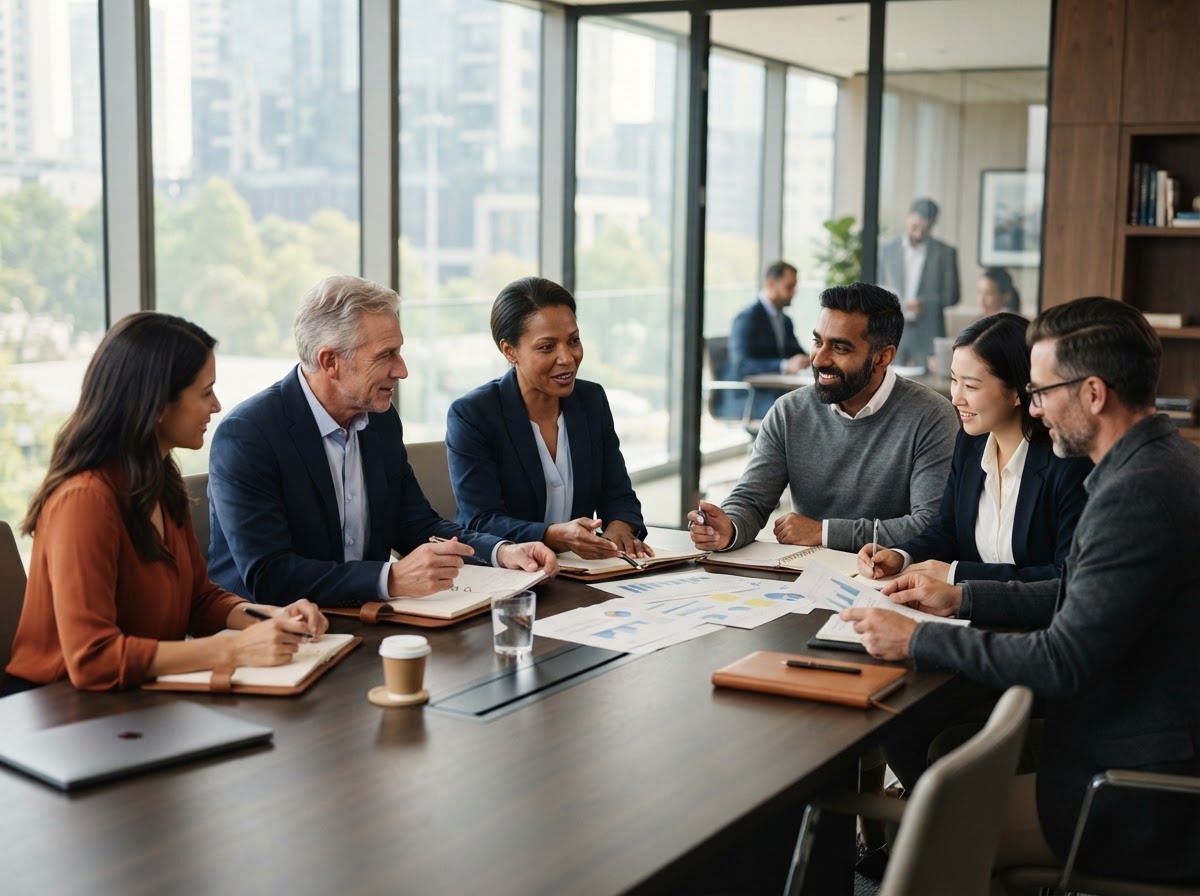 Business professionals reviewing strategic plans in a modern boardroom