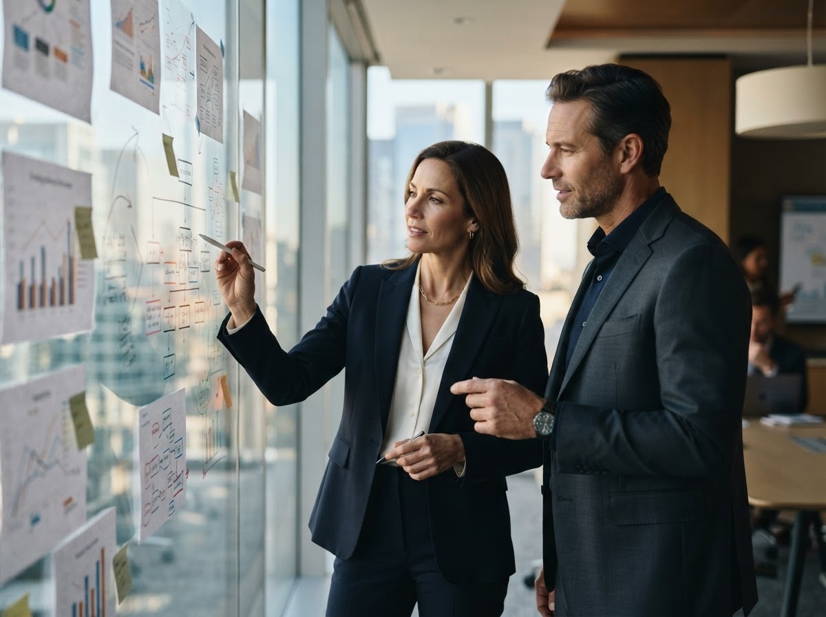 Two executives reviewing a strategic planning board with charts