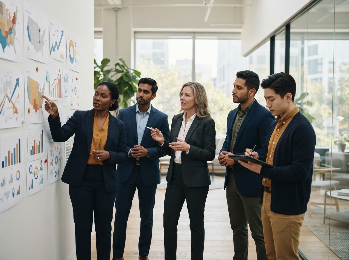 Business development team reviewing market expansion maps on a wall