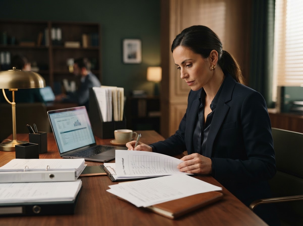 Compliance officer reviewing corporate filing documents at a desk