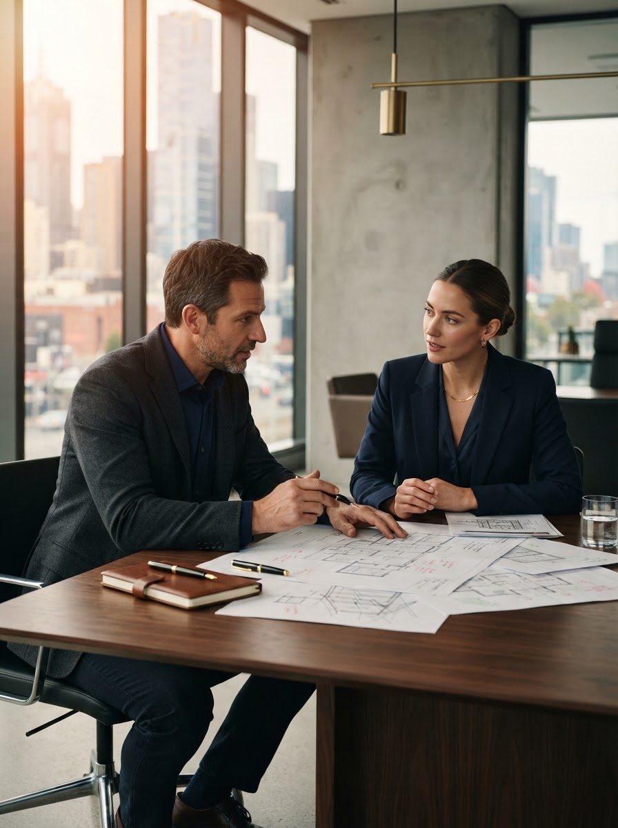 Executives collaborating over business strategy documents