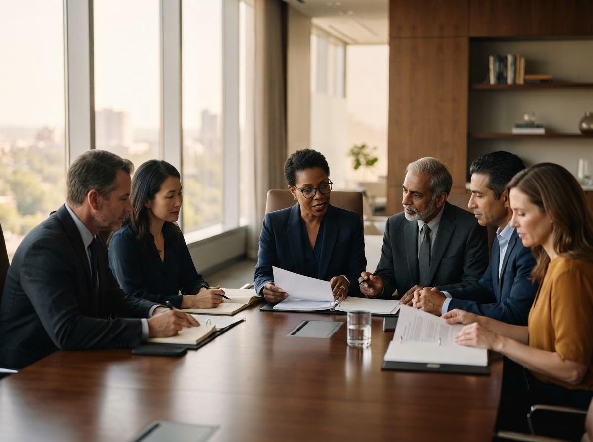 Board of directors reviewing governance documents around a conference table