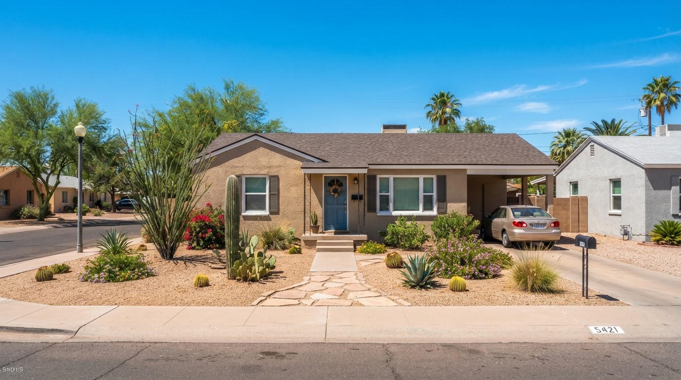 A modest, well-kept tan stucco home with a clean roof in a pleasant Phoenix residential neighborhood