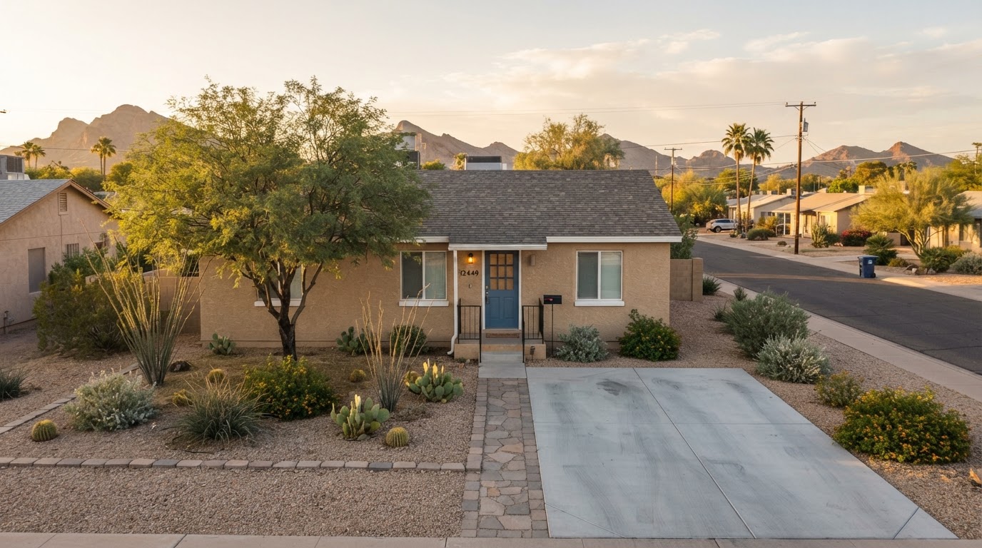 A modest single-story tan stucco home with a regular roof in a pleasant Phoenix desert neighborhood