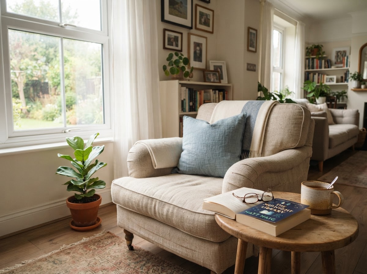 A warm reading nook with a linen armchair and a side table, ready for someone to arrive
