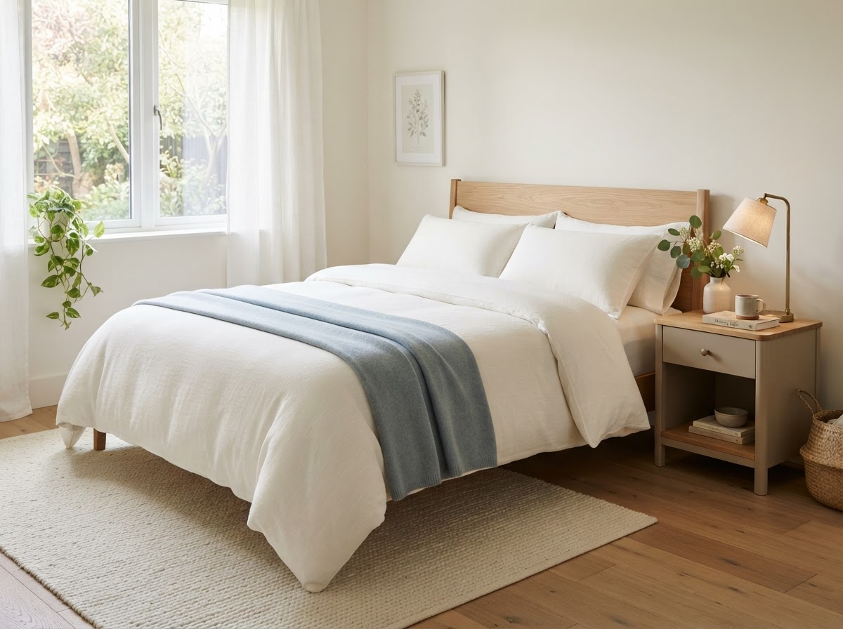 A beautifully made bed in a freshly prepared bedroom