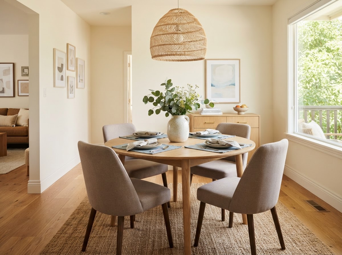 A warm, functional dining area set for arrival