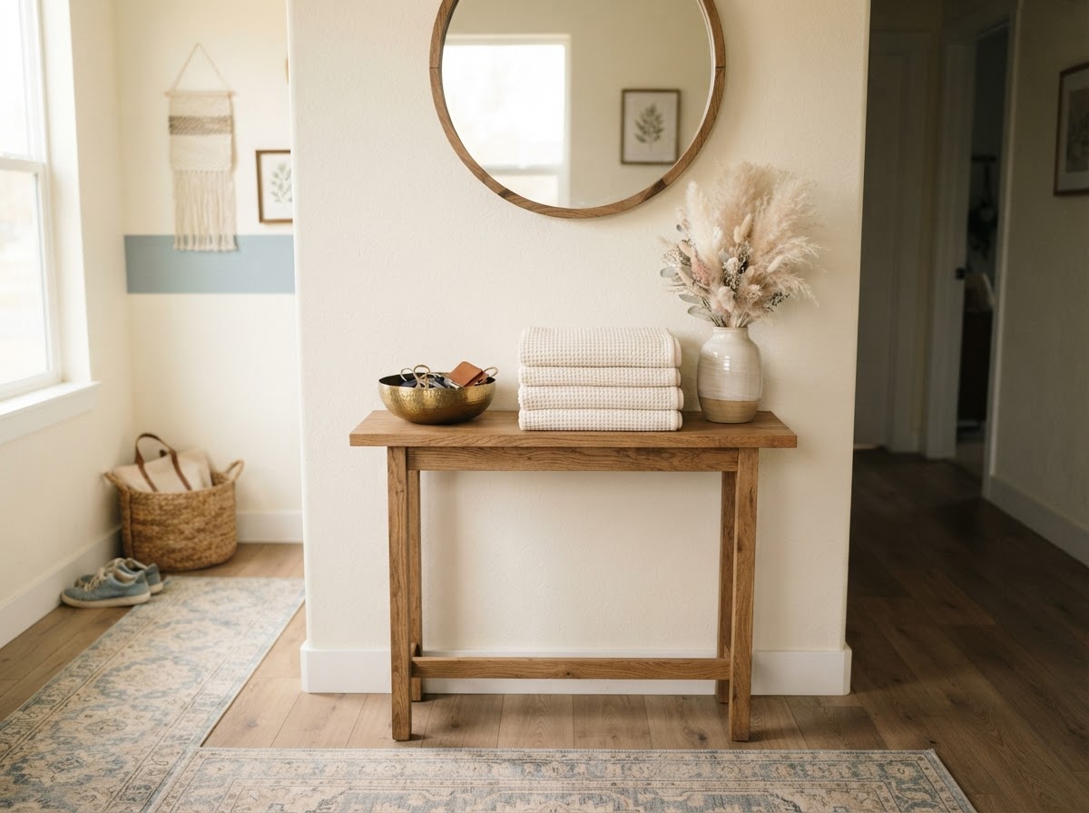 A welcoming entryway detail with a key bowl, fresh towels and dried greenery