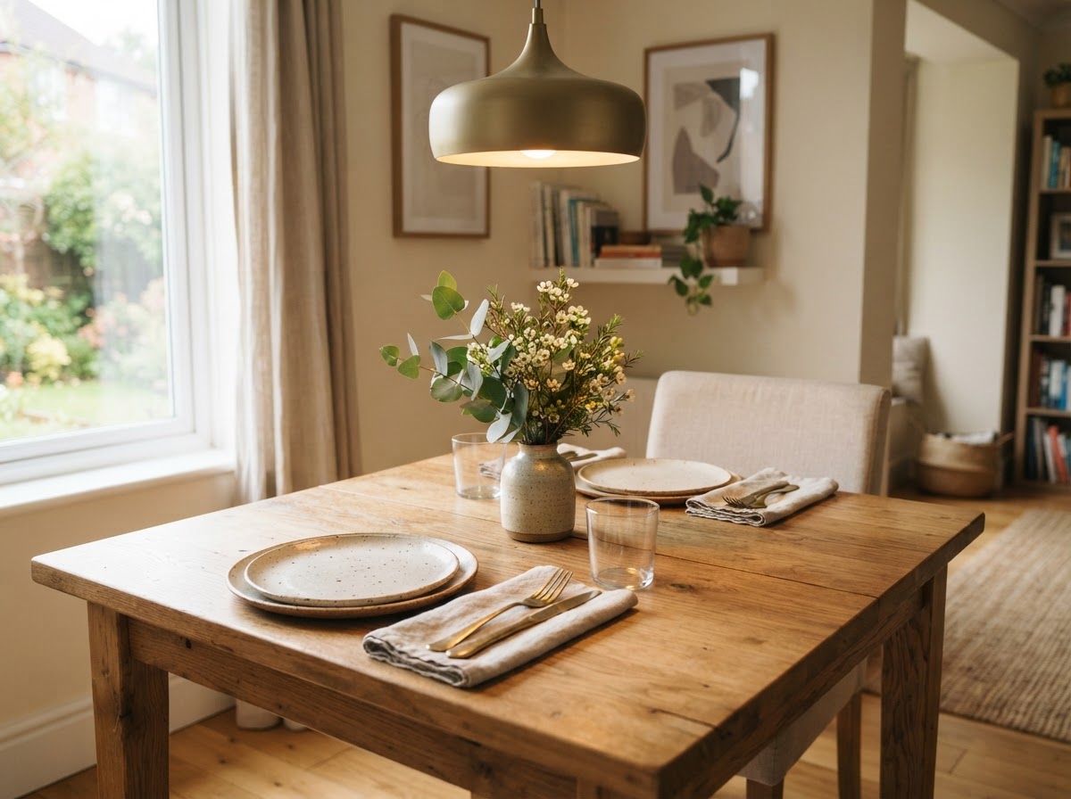 A simply set dining table with place settings and a small vase of greenery