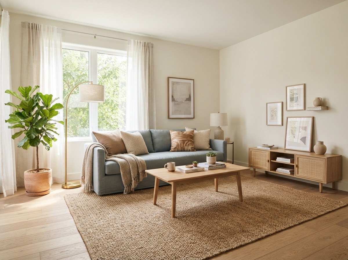 A warm, fully furnished living room in a move-in-ready temporary home