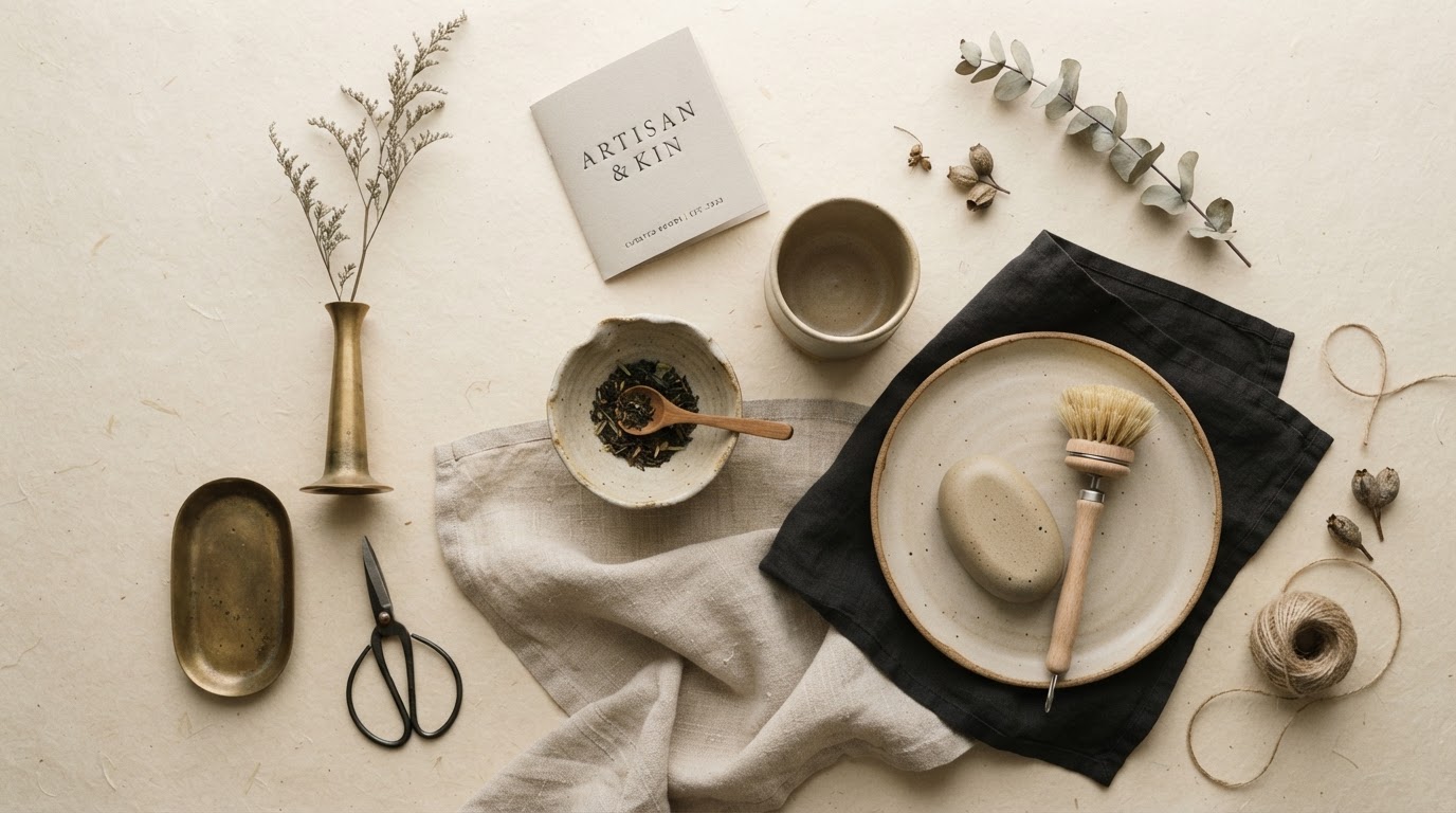 A flat-lay of handmade ceramic pottery, linen textiles, and brass objects on a warm paper background