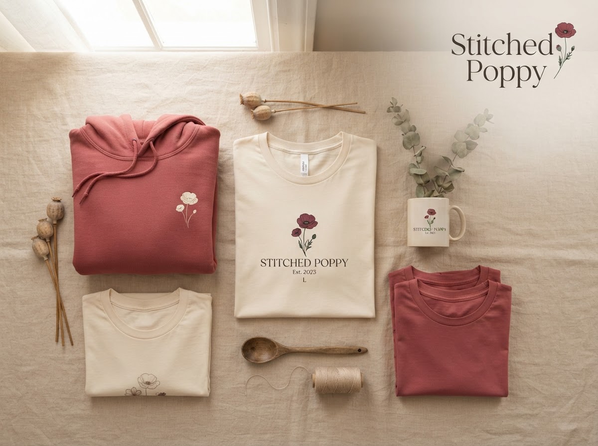 Stitched Poppy apparel and mug merchandising setup with the brand logo