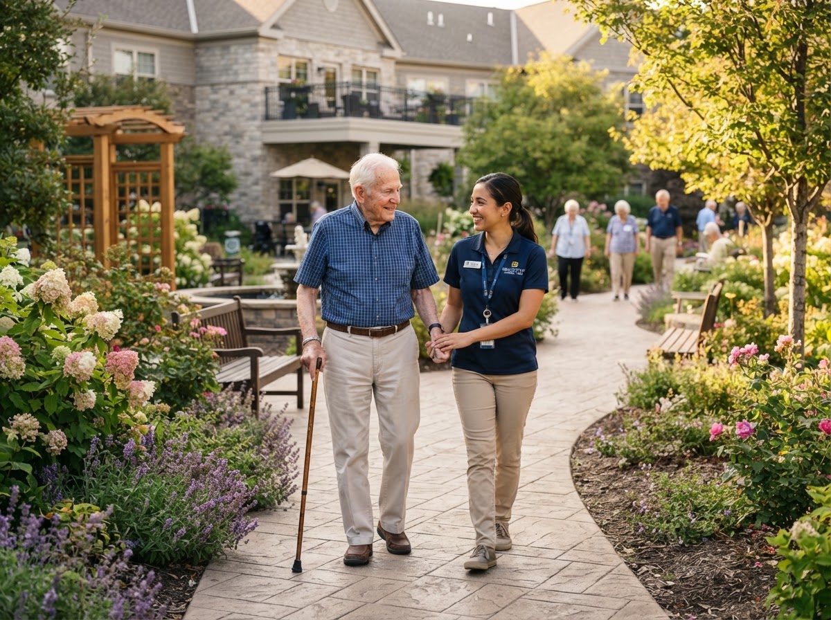 Compassionate senior care moment in memory care garden