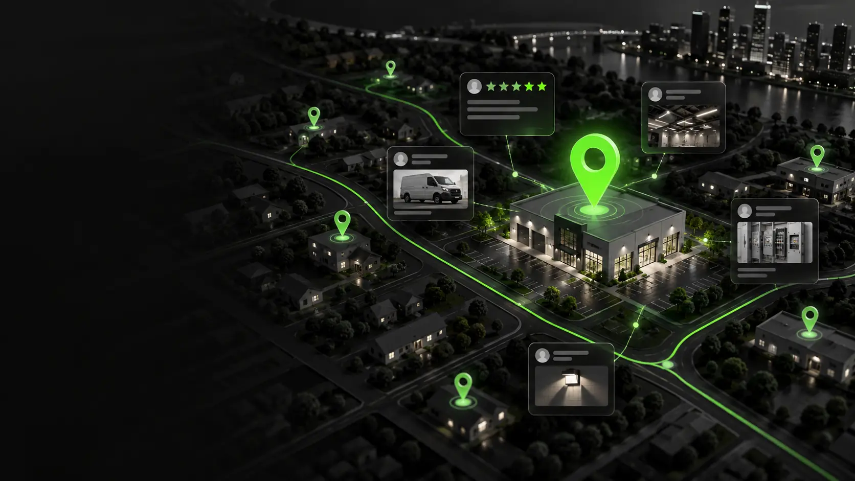 Local electrical service territory visibility map illustrating Google Business Profile presence, customer review pins, jobsite photo updates, and active residential and commercial service routes