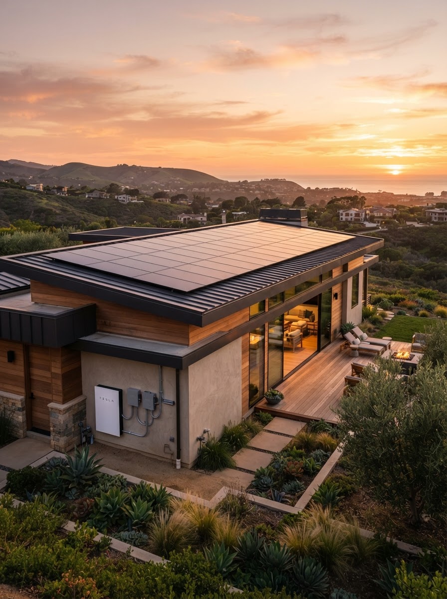 Rooftop solar panels with battery backup on a California home