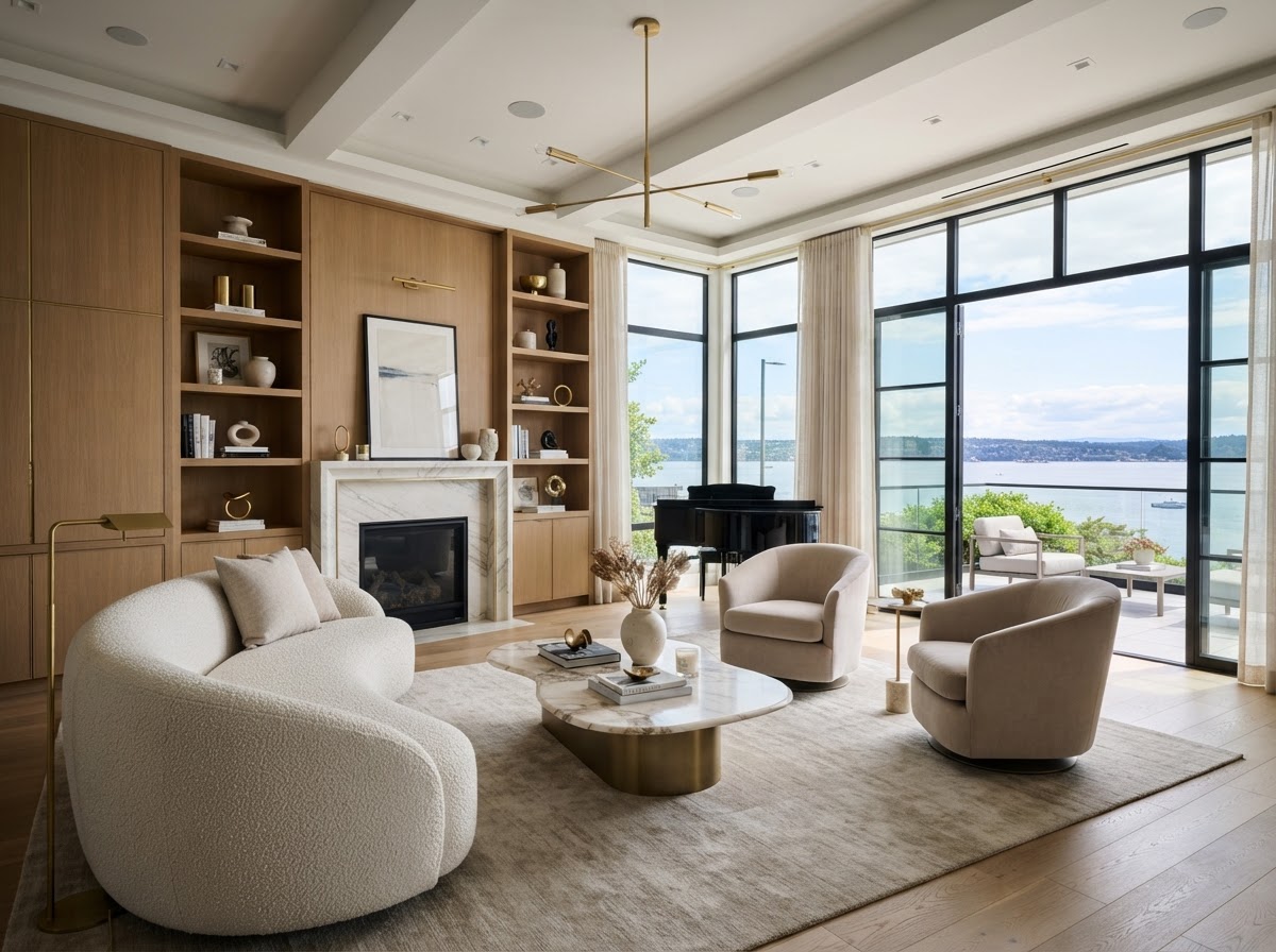 Sophisticated luxury living room with custom millwork and gold accents
