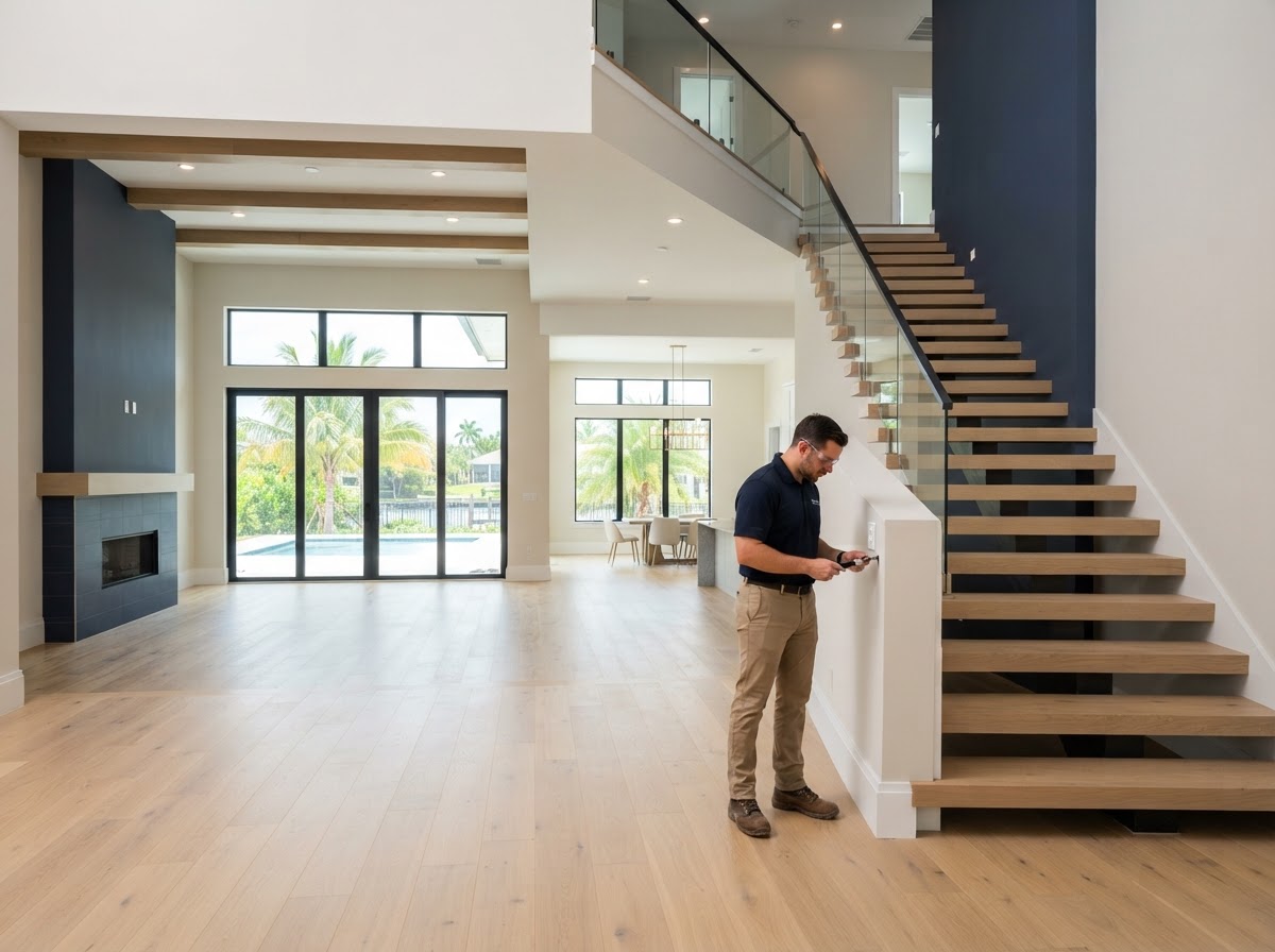 Nearly completed luxury home interior being inspected for finish quality