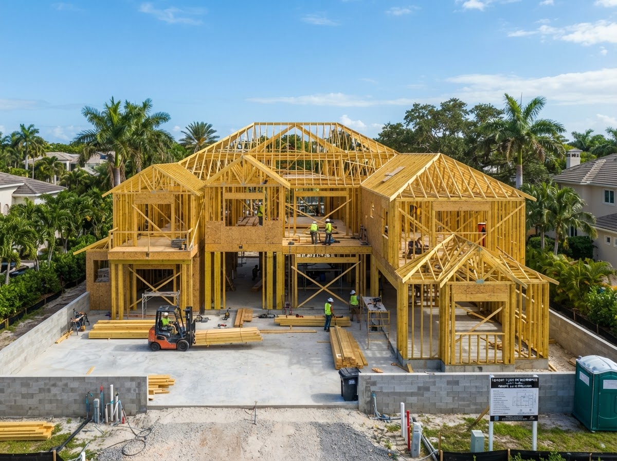Custom home under construction with exposed wood framing