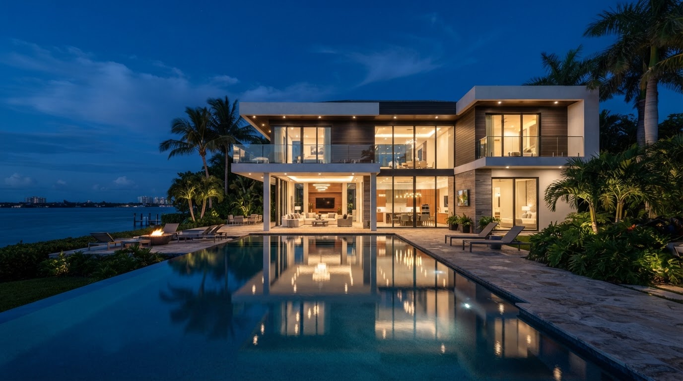 Luxury custom home at dusk in Tampa Bay, South Florida