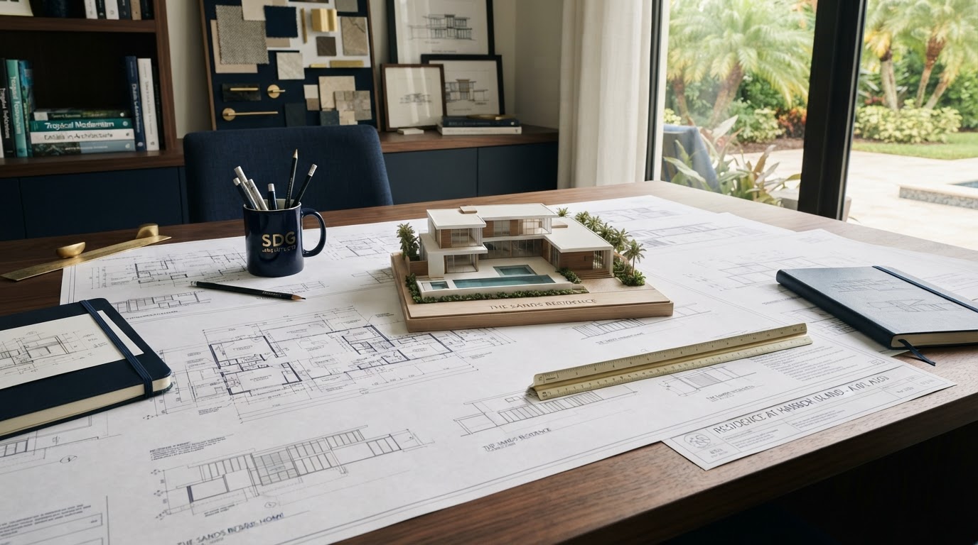 Architectural blueprints and drawings on a design studio desk