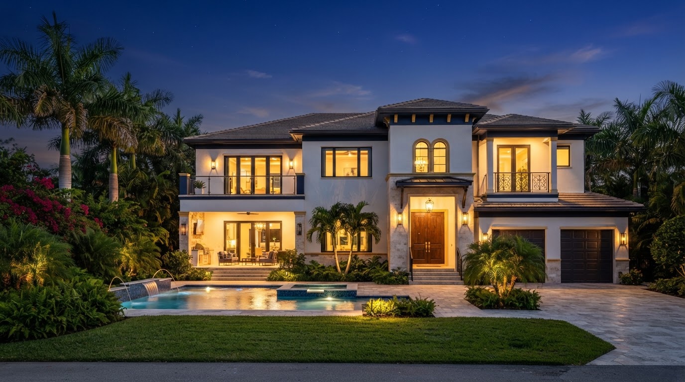 Luxury custom home exterior at dusk in South Florida