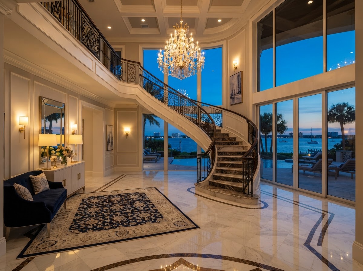 Finished luxury custom home foyer with marble floors and coastal view