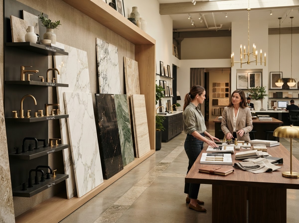 Luxury stone slab samples and plumbing fixtures in a design showroom
