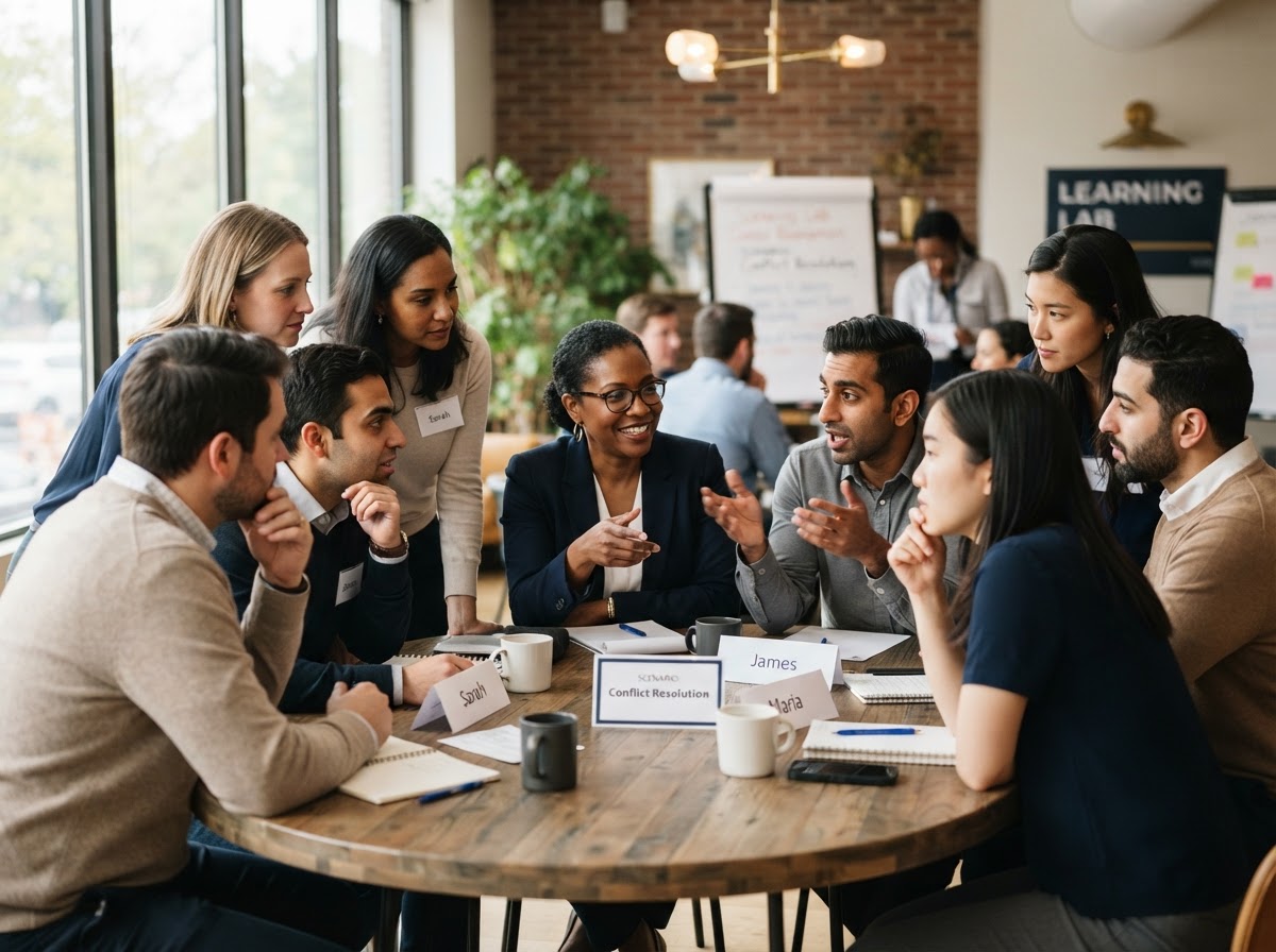 Professionals in a facilitated experiential learning session, practicing a realistic workplace conversation