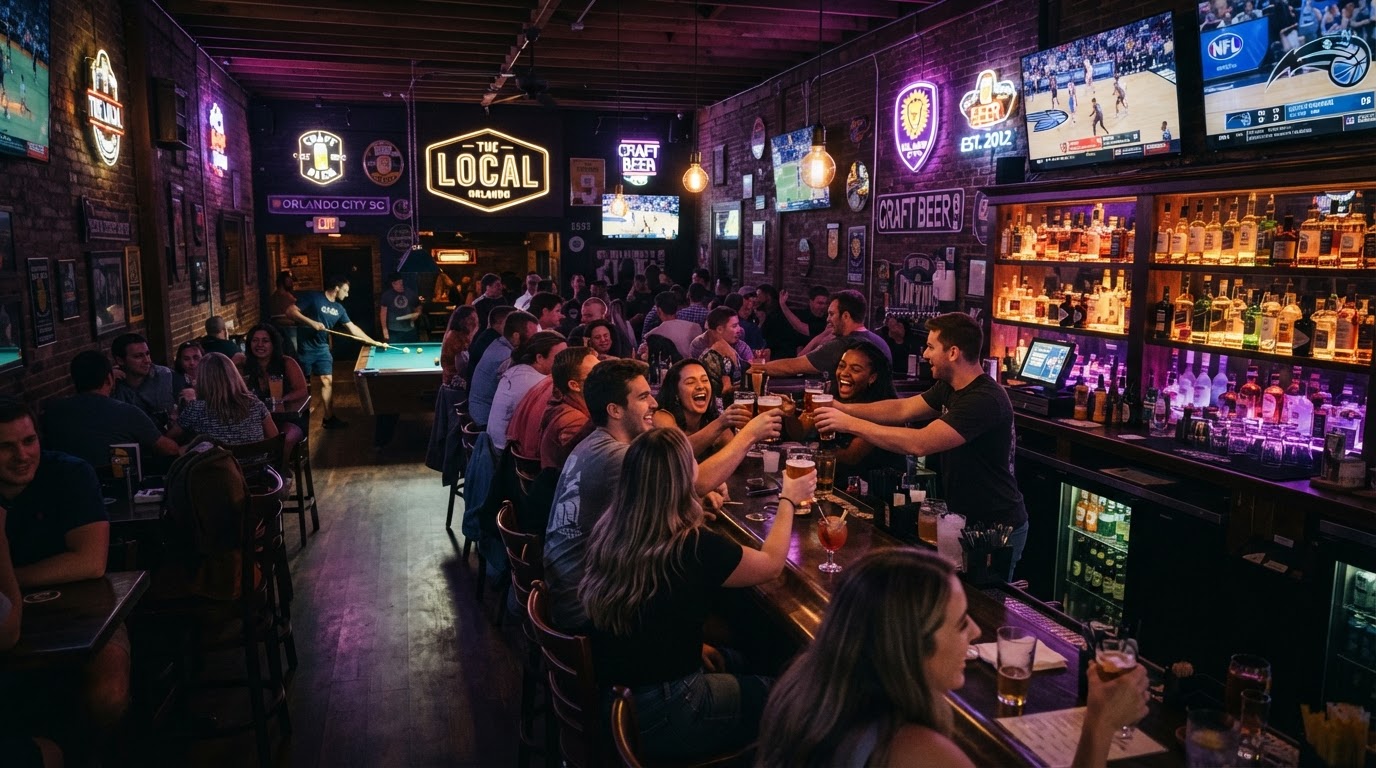 Orlando City Bar & Grill interior and people enjoying downtown Orlando bar