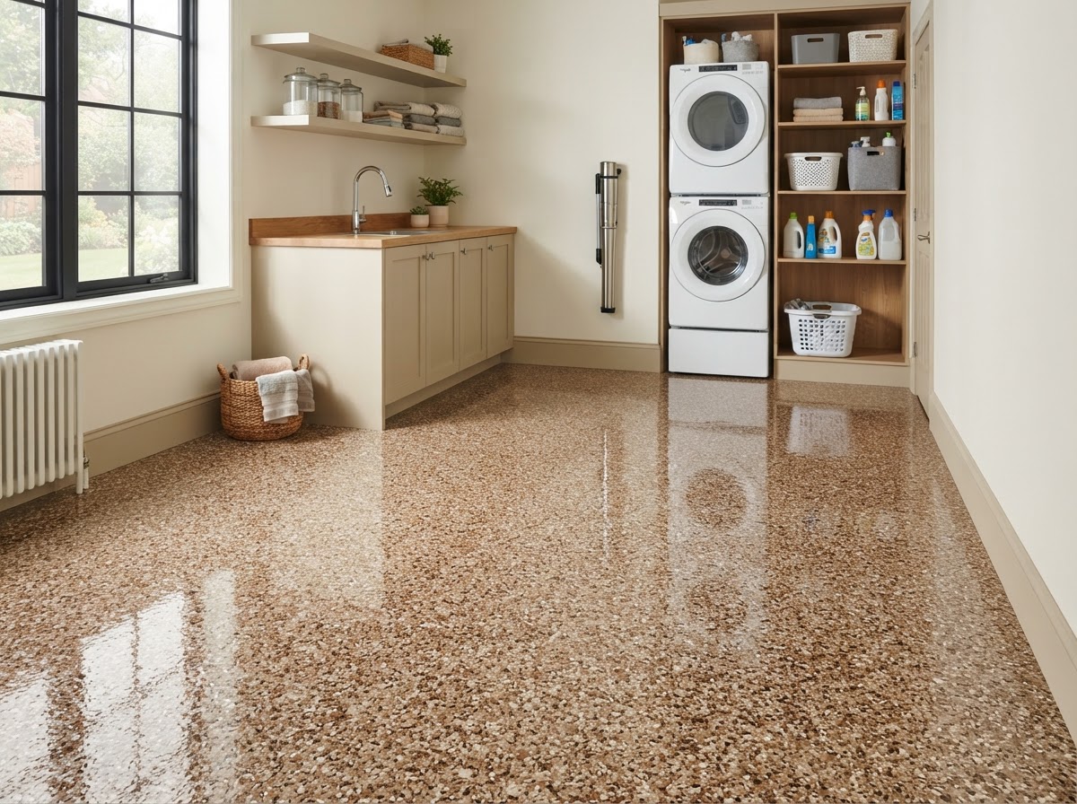 Epoxy flake floor sample in warm earth-tone decorative flakes